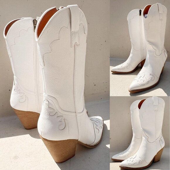 NEW White Western Cowgirl Cutout Applique Pointy Toe Block Heel Mid Calf Boots - Picture 9 of 16
